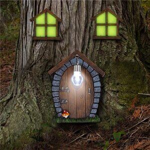 Fairy Gnome Home Miniature Window and Door with Litter lamp for Trees Decoration